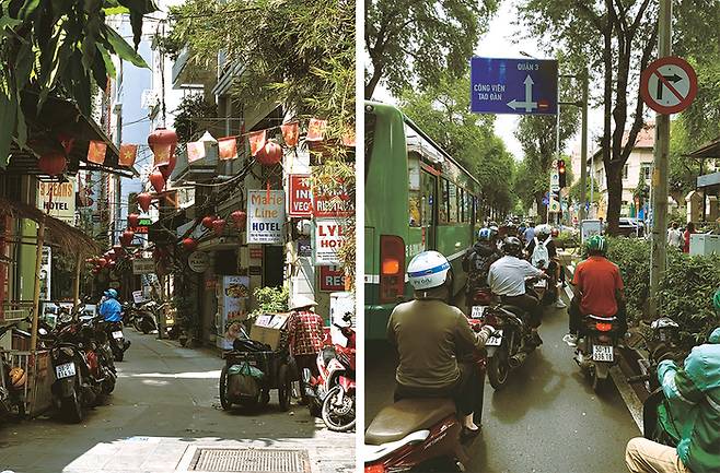 (좌) 시간의 흐름이 멈춘 것 같은 호치민 거리 풍경 (우) 도로를 점령한 오토바이 운전자들