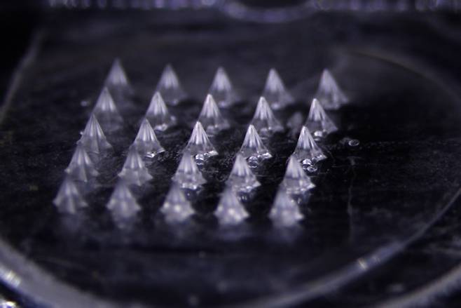 대웅테라퓨틱스가 개발한 세마글루타이드 성분에 적용되는 마이크로니들 패치를 6.7배 확대 촬영한 모습. 대웅제약 제공