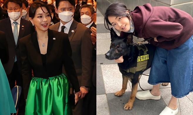 윤석열 전 대통령의 부인 김건희 여사가 2022년 6월29일(현지시각) 스페인 마드리드의 한 호텔에서 열린 스페인 동포 만찬간담회에 참석할 때의 모습.(왼쪽) 2022년 4월 윤 전 대통령이 당선자 신분일 때 김 여사의 모습. 연합뉴스