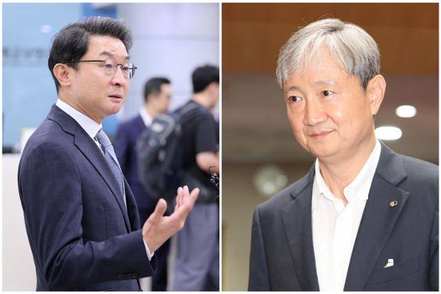 이억원(왼쪽) 금융위원장 후보자가 14일 서울 예금보험공사에 마련된 인사청문회 준비 사무실에 출근하며 지명 소회를 밝히고 있다. 오른쪽 사진은 같은 날 서울 여의도 금융감독원에서 취임식을 치른 이찬진 신임 금감원장. 뉴스1·뉴시스