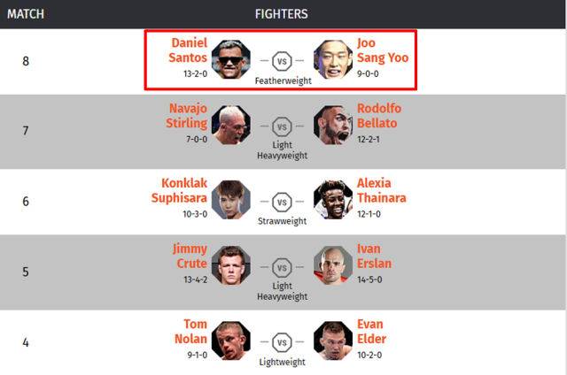 9월 28일 열리는 UFC 호주 대회 대진. 최두호 대신 이정영의 이름이 들어가 있다. /셔독 홈페이지 캡처.