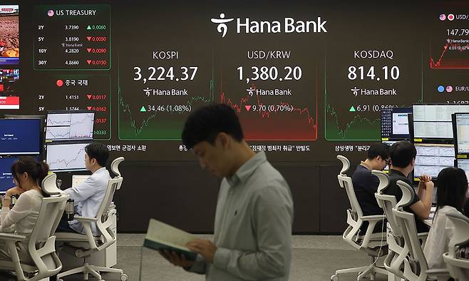 13일 서울 중구 하나은행 딜링룸에서 딜러들이 업무를 보고 있다. 연합뉴스