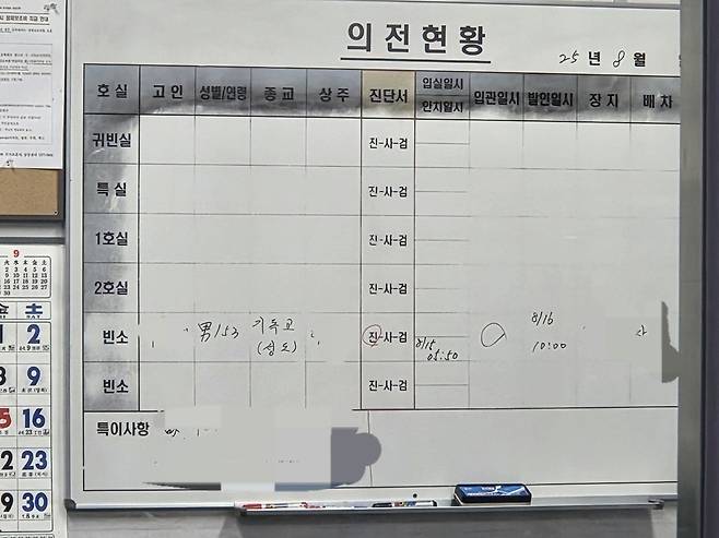 ▲ A씨가 옮겨진 병원 의전현황판