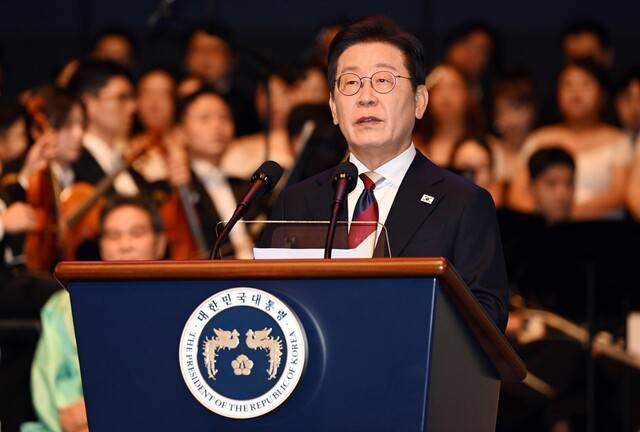 이재명 대통령이 15일 서울 세종문화회관에서 열린 제80주년 광복절 경축식에서 경축사를 하고 있다. 대통령실사진기자단