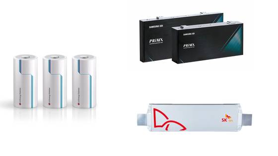 (왼쪽부터 시계방향) LG에너지솔루션의 46파이 원통형 배터리, 삼성SDI의 각형 배터리, SK온의 파우치형 배터리. [각 사]