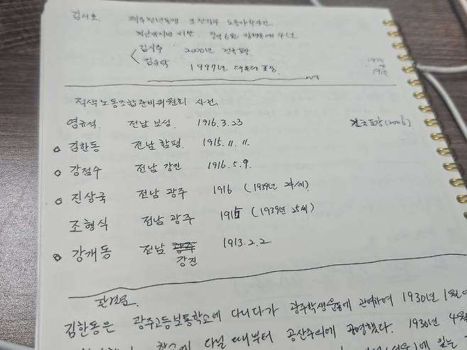 [서울=뉴시스] 조성하 기자 = 권시용 민족문제연구소 연구원이 13일 '적색 노동조합 준비위원회 사건' 관련 인물들의 생년·출신지 등을 정리한 수기 메모를 공개하고 있다. 2025.08.14. create@newsis.com *재판매 및 DB 금지