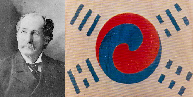 현존하는 가장 오래된 태극기로 추정되는 일명 ‘데니 태극기’. 고종의 외교 고문이었던 미국인 오언 데니(왼쪽)가 고종에게 하사받은 것이다. 사진=국사편찬위원회·국립중앙박물관