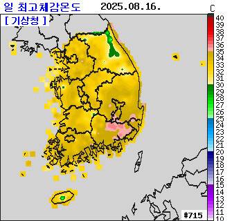 16일 일 최고체감온도 분포도. 기상청 누리집 갈무리