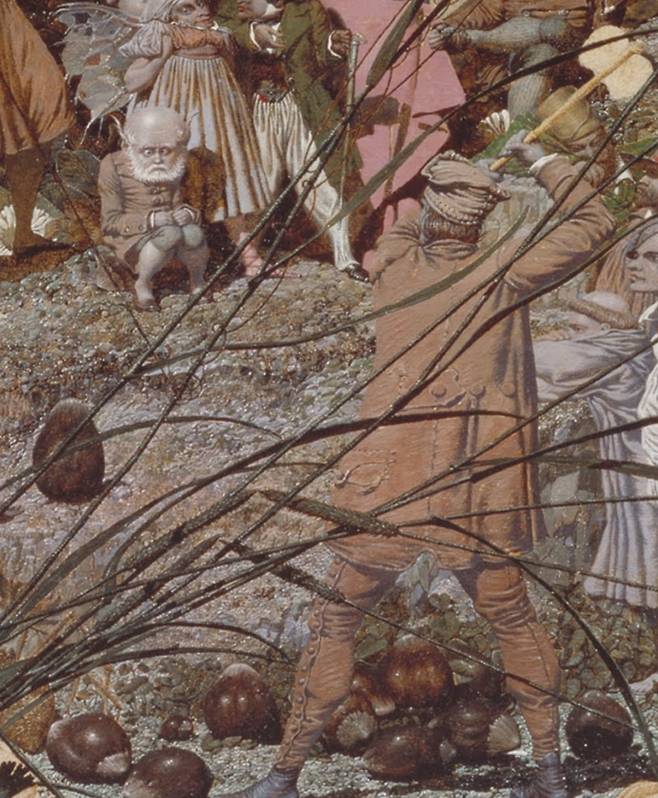 작품의 중심은 가운데 헤이즐넛을 쪼개기 위해 도끼를 들어올린 요정 나무꾼이다. 요정을 비롯한 주변의 등장인물들은 그 광경을 지켜보고 있다.