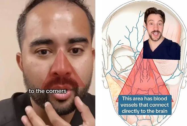 캘리포니아대학 어빈메디컬센터 에버 아리아스 박사(왼쪽)와 미국 피부과 전문의 마크 스트롬 박사가 '죽음의 삼각형' 부위에 대해 설명하고 있다. 출처=틱톡