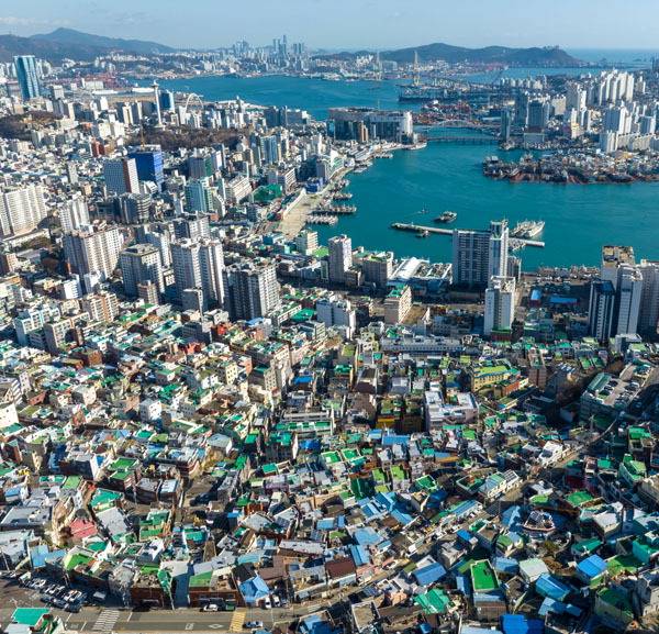 자가 없이 전세나 월세살이 중인 부산의 무주택 가구가 61만6700가구에 달하며 역대 최대치를 기록했다. 사진은 국제신문 취재진이 항공 촬영한 부산 원도심 전경.  국제신문 DB