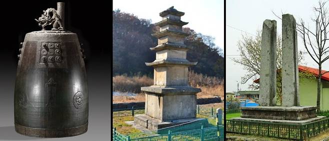 천안시는 성거산 천흥사를 국가사적으로 지정 받고자 한다. 왼쪽부터 국보 천흥사동종과 보물인 5층석탑과 당간지주.