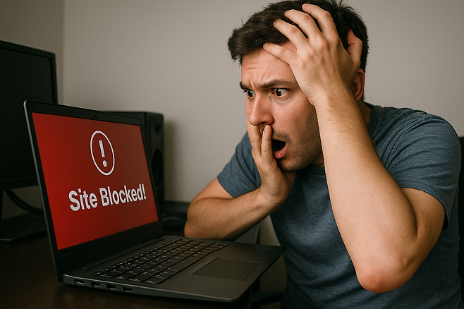 접속하려던 사이트가 차단돼서 당황을 금치 못하는 남성의 모습. [챗GPT로 제작한 사진]