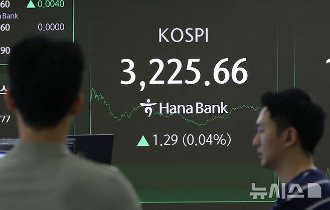 [서울=뉴시스] 황준선 기자 = 코스피가 전 거래일(3224.37)보다 1.29포인트(0.04%) 오른 3225.66에 마감한 14일 서울 중구 하나은행 딜링룸 전광판에 지수가 표시돼 있다. 2025.08.14. hwang@newsis.com