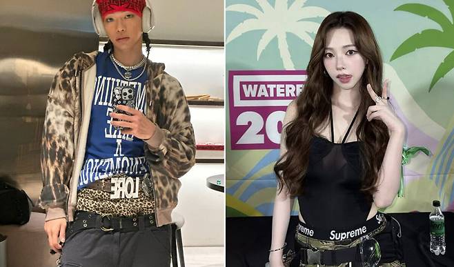 그룹 올데이프로젝트의 타잔, 에스파&nbsp;카리나가 새깅 패션으로 연출한 모습. 새깅은 1990년대 미국 힙합 문화에서 시작된 패션으로 2000년대 초반 저스틴 비버가 즐겨 입으며 대중적 인지도를 높였다. 인스타그램 갈무리