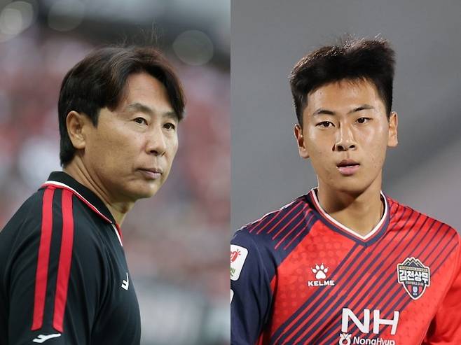김기동 서울 감독(왼쪽)은&nbsp;17일 김천과 원정경기를 앞두고 상대팀&nbsp;벤치에 이름을 올린 아들 김준호를 두고 진심 어린 속내를 전했다. 김 감독은 “한 달 전쯤 힘들어하더라. 그래서 장문의 메시지를 보냈다. 자신감을 되찾았으면 한다”고 밝혔다. 사진제공｜한국프로축구연맹