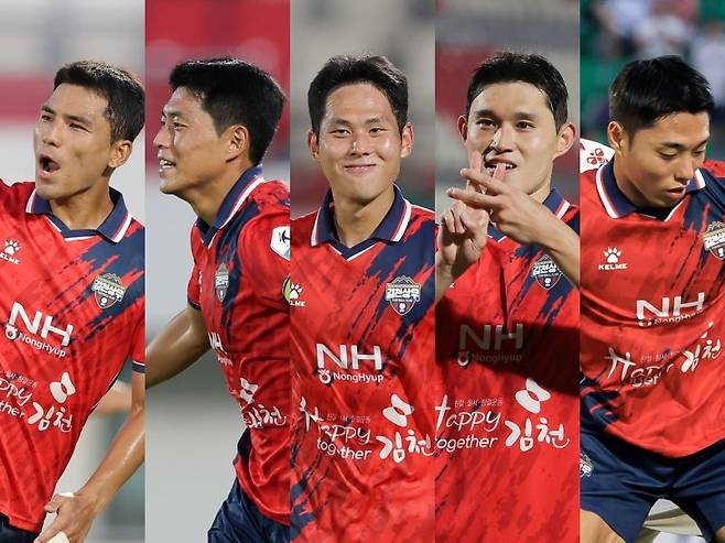김천 병장들의 활약이 빛났다. 17일 서울과 홈경기에서 10월 전역 예정인 ‘김천 9기’ 원기종, 김승섭, 맹성웅, 이동경, 이동준(왼쪽부터)이 나란히 골을 터트리며 6-2 승리를 이끌었다. 사진제공｜한국프로축구연맹