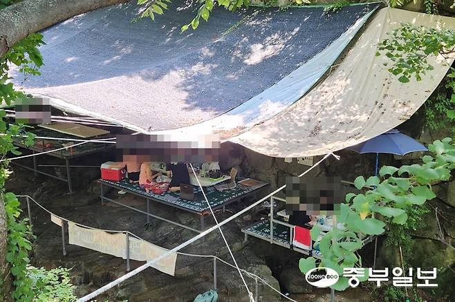 A식당을 찾은 손님들이 계곡변에 설치된 평상에서 식사를 하고 있다. 사진=이석중기자