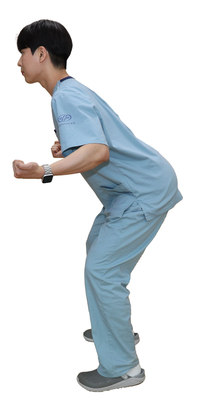 하지운동(옆모습). 무릎 30도까지만 구부리고 발끝보다 뒤로…