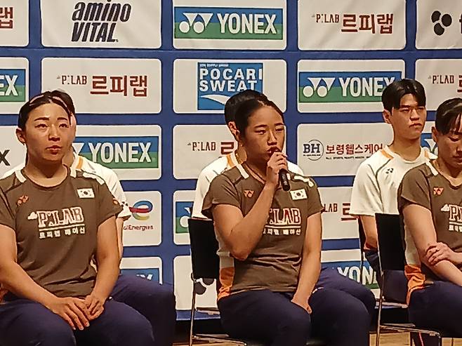 18일 진천선수촌에서 열린 세계선수권 미디어데이에서 각오를 밝히고 있는 안세영. 진천=최만식 기자