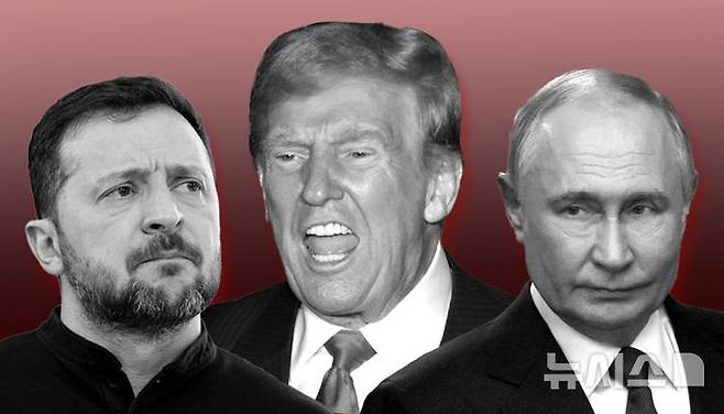 [서울=뉴시스] 왼쪽부터 볼로디미르 젤렌스키 우크라이나 대통령과 도널드 트럼프 미국 대통령, 블라디미르 푸틴 러시아 대통령.