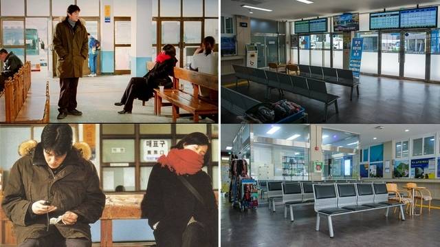 2001년 영화 ‘봄날은 간다’를 촬영했을 때 정선공영버스터미널의 모습(왼쪽)과 현재 터미널 내부 모습.