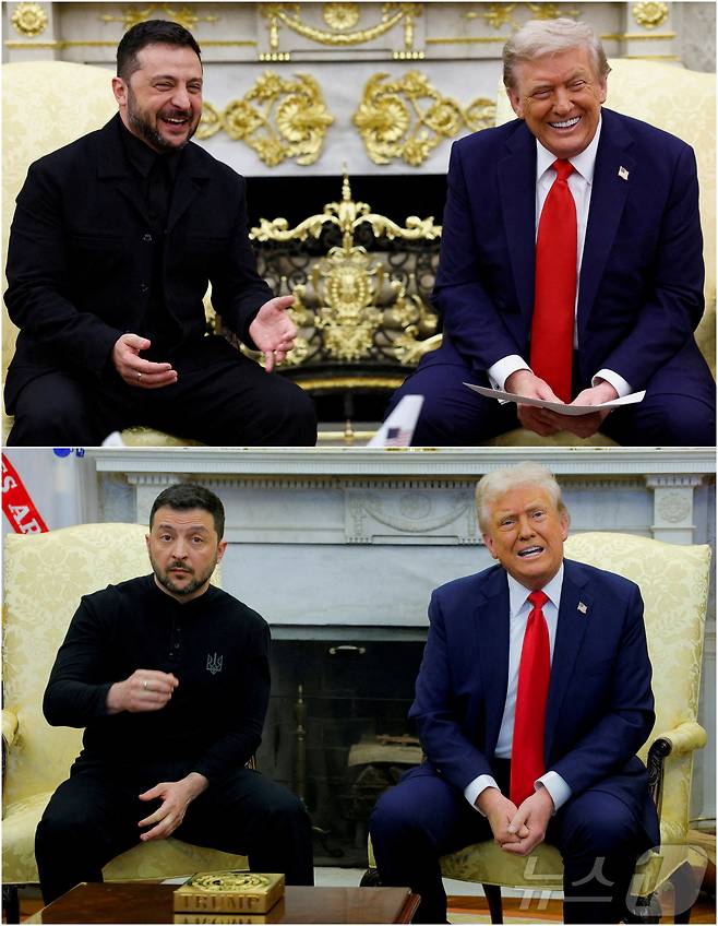 도널드 트럼프 미국 대통령과 볼로디미르 젤렌스키 우크라이나 대통령의 2025년 2월 28일(아래) 백악관 정상회담 장면과 8월 18일 정상회담 장면.  젤렌스키 대통령이 정장을 입지 않은 2월28일 회담과 입은 8월18일 회담의 분위기 차이를 사진에서도 느낄 수 있다. 2025.08.18. ⓒ 로이터=뉴스1 ⓒ News1 권영미 기자