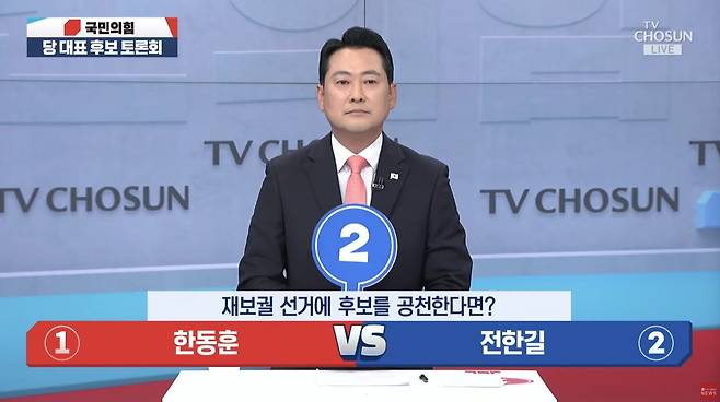 장동혁 국민의힘 당대표 후보가 19일 TV토론회에서 '한동훈 전 대표와 전한길 씨 중 재보궐 선거에서 누구를 공천할 것인가'라는 질문을 받고 전한길씨를 가리치는 팻말을 들어올리고 있다. /TV조선 유튜브 캡처