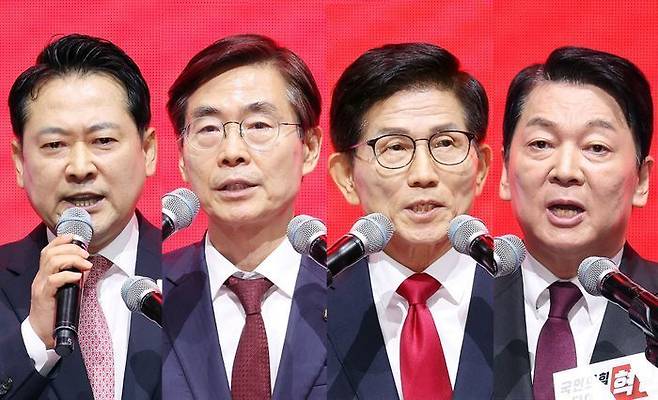 국민의힘 장동혁, 조경태, 김문수, 안철수 당대표 후보가 8일 오후 대구 북구 엑스코 컨벤션홀에서 열린 국민의힘 제6차 전당대회 대구·경북 합동연설회에서 각각 연설을 하며 지지를 호소하고 있다. ⓒ데일리안 홍금표 기자