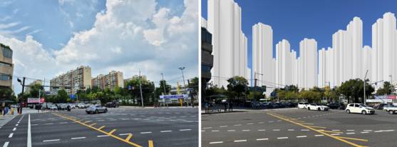 압구정로에서 바라본 3구역 재건축 전후의 모습.