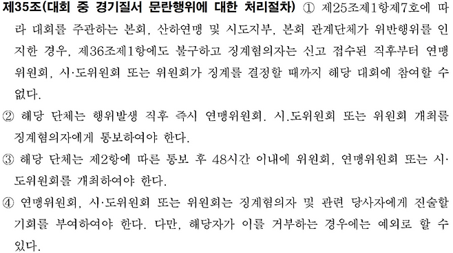 ▲ 대한민국농구협회 스포츠공정위원회 규정 제35조