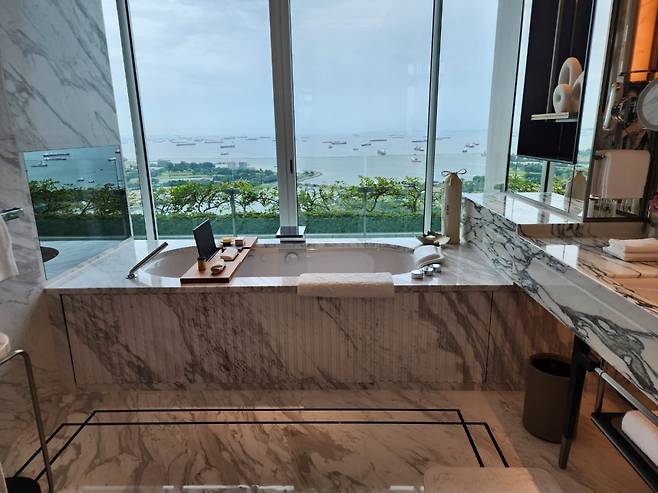 욕실에서 싱가포르의 바다와 정원이 한눈에 내려다보인다.