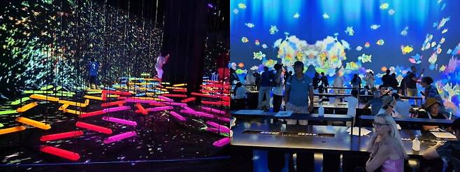 아트사이언스 뮤지엄의 상설 전시. 그리는 그림이 바로 미디어아트로 투영되거나 작품 속을 걷는 경험도 할 수 있다.