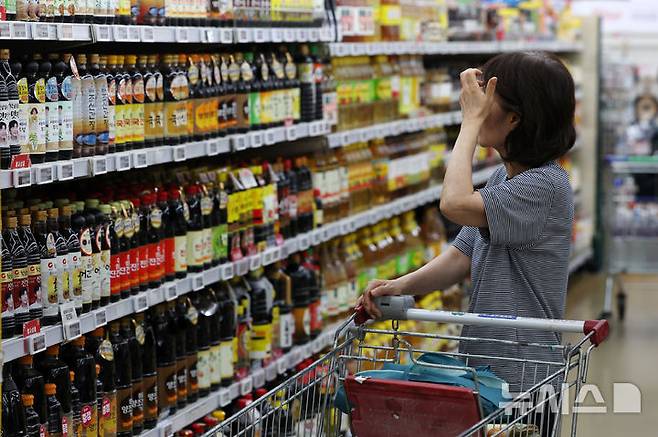 [서울=뉴시스] 조성우 기자 = 5일 서울의 한 대형마트에서 시민이 장을 보고 있다.7월 소비자물가지수가 두 달 연속 2%대 상승세를 보였다. 통계청이 발표한 7월 소비자물가동향에 따르면 지난달 소비자물가지수는 116.52로 전년 동월 대비 2.1% 상승했다. 농산물은 전년 동월 대비 0.1% 하락했지만, 축산물(3.5%)과 수산물(7.3%)은 상승세를 지속했다. 가공식품은 전년 동월 대비 4.1% 올랐다. 2025.08.05. xconfind@newsis.com