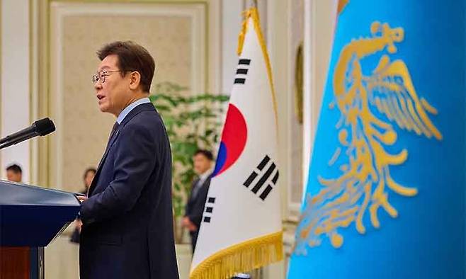 이재명 대통령이 지난 15일 청와대 영빈관에서 열린 '대통령의 초대, 주한외교단 만찬'에서 발언하고 있다. 대통령실 제공