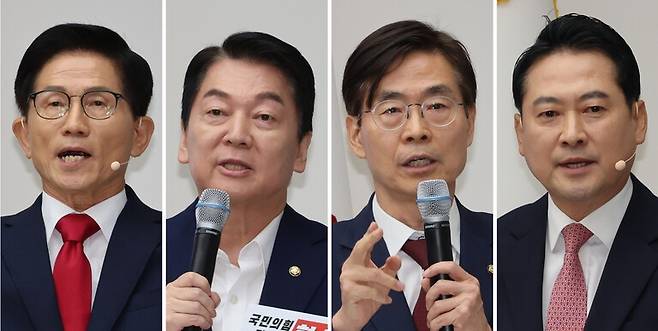 왼쪽부터 김문수·안철수·조경태·장동혁 국민의힘 당대표 후보가 8월3일 서울 여의도 국민의힘 당사에서 열린 제6차 전당대회 후보자 비전대회에서 정견을 발표하고 있다. ⓒ 연합뉴스