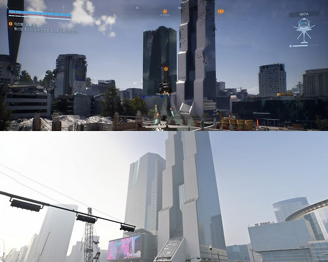 '신더시티'에 구현된 트레이드타워(위쪽)와 실제 건물(출처='신더시티' 공식 유튜브, 네이버 맵 캡처).