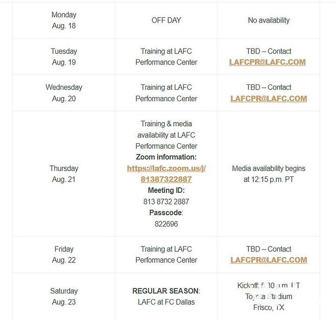 (LA FC 구단 홍보팀이 MHN에 보내온 1주일 훈련일정표)
