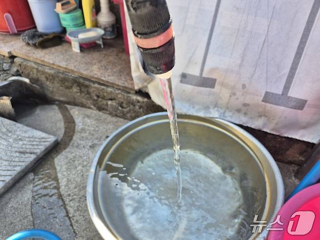 극심한 가뭄으로 식수난을 겪고있는 강원 강릉시가 세대별 계량기를 최대 50% 잠그는 '제한급수' 조치를 실시한 20일 오전, 수도계량기 밸브를 조절한 홍제동의 한 주택 마당 호스 물줄기가 눈에 띄게 약해져 있다. 2025.8.20/뉴스1 윤왕근 기자