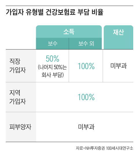 직장가입자는 근로소득에 대해 회사와 절반씩 건보료를 내고, 지역가입자는 소득과 재산을 기준으로 낸다./그래픽=조선디자인랩 권혜인