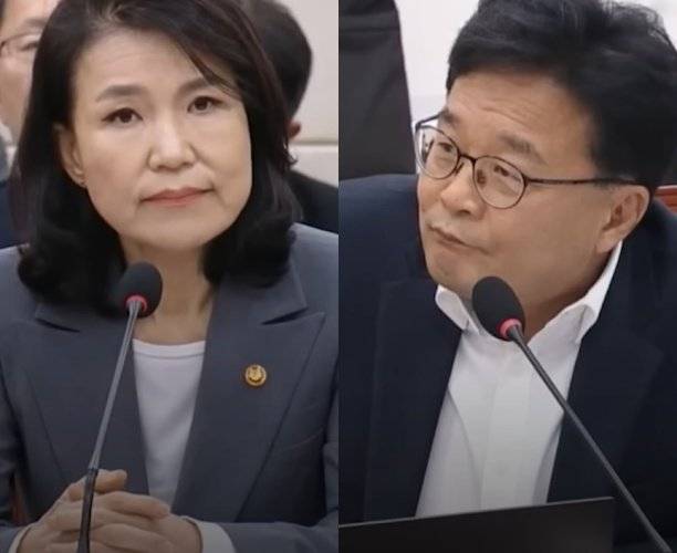 이진숙 방송통신위원장(왼쪽)과 민주당 김우영 의원. 채널A 갈무리