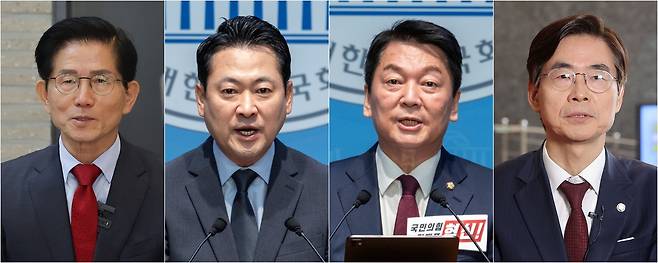 국민의힘 8·22 전당대회에 출마한 김문수·장동혁·안철수·조경태 당대표 후보(왼쪽부터). 연합뉴스