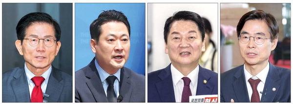 국민의힘 전당대회에 출마한 당권주자들이 본 경선이 시작된 20일 각각 일정을 소화하고 있다. 왼쪽부터 김문수 전 고용노동부 장관, 장동혁 안철수 조경태 의원.  김정록 기자·연합뉴스