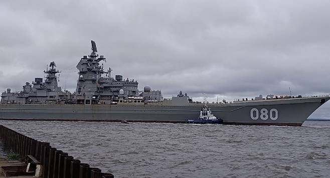 러시아 초대형 핵 추진 순양전함 ‘아드미랄 나히모프’의 최근 모습. 소셜미디어 캡처