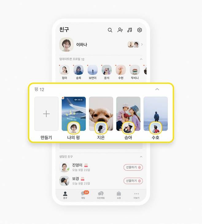 24시간 동안 자신이 선택한 대화 상대에게만 콘텐츠를 노출하는 카카오톡 ‘펑’ 서비스. 자료 : 카카오톡