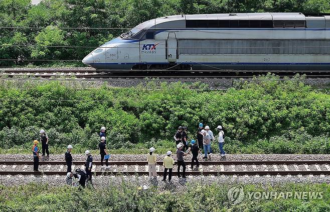 청도 열차사고 합동 감식 (청도=연합뉴스) 윤관식 기자 = 20일 경북 청도군 화양읍 삼신리 청도소싸움 경기장 인근 경부선 철로에서 전날 발생한 열차 사고에 대한 유관기관 합동 감식이 진행되고 있다.2025.8.20 psik@yna.co.kr