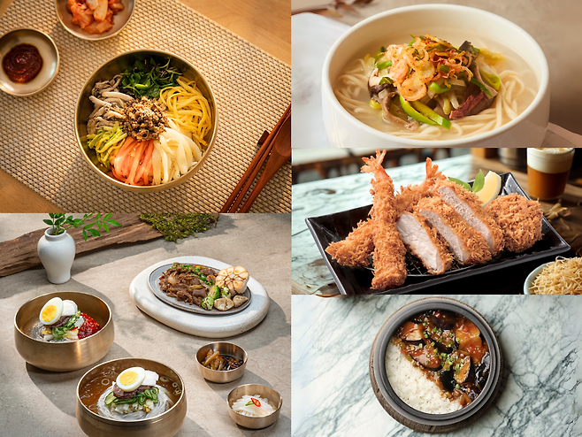 인천국제공항공사가 최근 여객터미널에 입주한 음식점에서 판매하는 맛있는 메뉴를 선정했다. 왼쪽 위부터 시계방향으로 불고기비빔밥, 전통사골칼국수, 사보텐 정식, 어향가지 도자솥밥, 명인냉면과 불고기 반상. 인천국제공항공사 제공