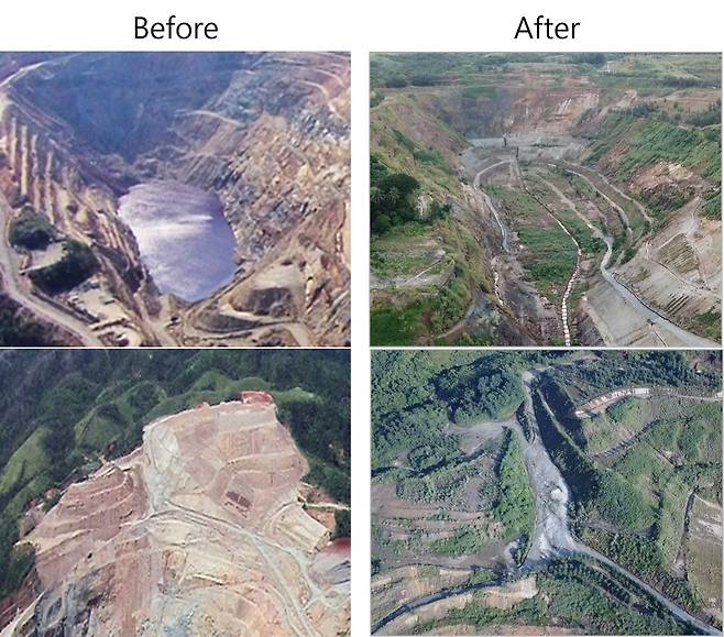 Environmental restoration at the Rapu-rapu copper mine in the Philippines, carried out by LX International, before (left) and after. (LX International)
