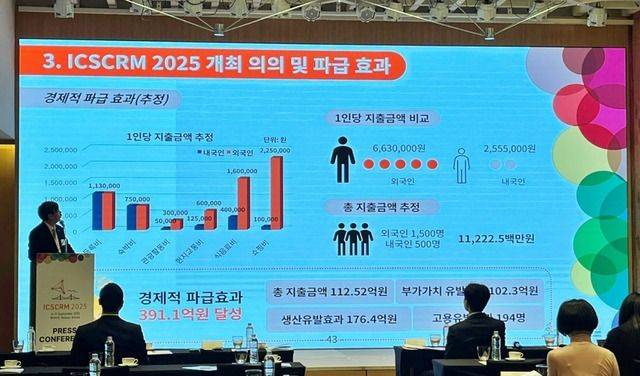 신훈규 ICSCRM 공동 조직위원장이 파크하얏트 부산에서 열린 간담회에서 학술대회의 개최 의의와 전력반도체 산업의 파급 효과를 설명하고 있다. CSCRM 2025 사무국 제공