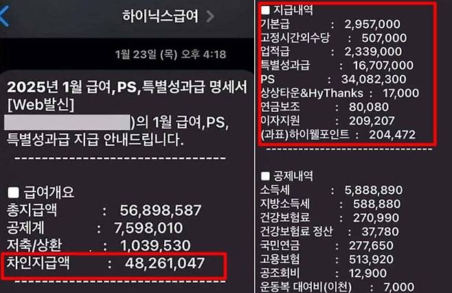 SK하이닉스 한 직원의 급여명세서. 온라인 커뮤니티 캡처